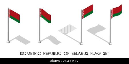 isometric flag of republic of Belarus in static position and in motion on flagpole. 3d vector Stock Vector