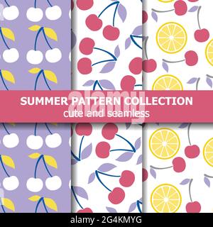 Delicious pattern collection with cherries and lemons. Summer banner. Vector Stock Vector