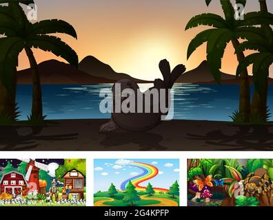 Four different nature horizontal scene  illustration Stock Vector