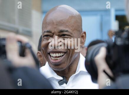 Brooklyn, United States. 22nd June, 2021. Brooklyn Borough President and New York City Mayoral Candidate Eric Adams smiles after casting his vote in the Democratic primary in New York City on Tuesday, June 22, 2021. Photo by John Angelillo/UPI Credit: UPI/Alamy Live News Stock Photo