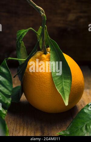 Sicilian oranges with leaf on wood, Sicily, Italy, Europe Stock Photo