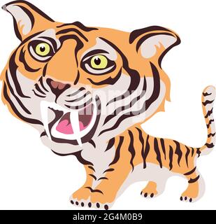 Saber-toothed tiger, the image of the tiger is stylized and in different colors, cartoon Stock Vector