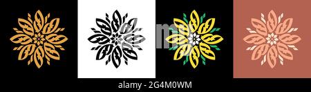 Abstract calligraphic flower ornament. Golden mandala, rangoli and bloom, calligraphic pattern. Set of elegant logo, vintage symbol, luxury silhouette Stock Vector