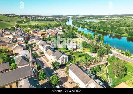 Aerial view of the Moselle river between Luxembourg and Germany. Stock Photo