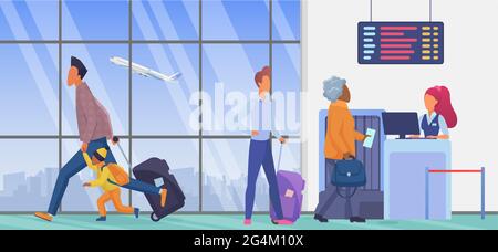 People in airport departure terminal vector illustration. Cartoon persons waiting in line to flight check in, father and child passenger characters with suitcase run for airplane gate background Stock Vector