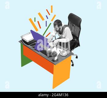 Young man, manager working hardly isolated over blue background, Trendy bright colors. Stock Photo
