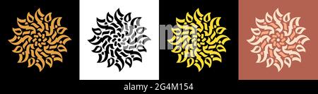 Abstract calligraphic sun ornament. Golden solar mandala, calligraphic pattern. Set of elegant logo, vintage symbol, luxury silhouette. Vector illustr Stock Vector