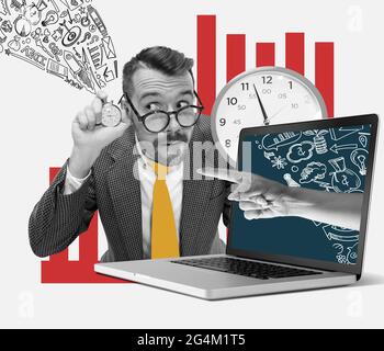 Deadline. Young businessman, finance analyst or clerk in business clothes isolated on blue background. Stock Photo