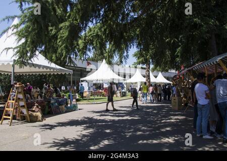 TBILISI, GEORGIA - Jun 16, 2021: People in the open air marketplace, crowds of people in the park, festival Stock Photo