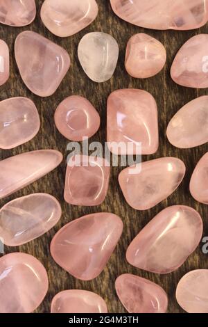 Rose quartz rare jewel on black wood texture. Scarce mineral pebbles background. Stock Photo