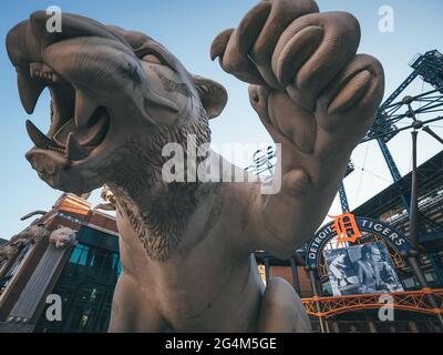 DETROIT, UNITED STATES - Jun 16, 2021: Picture of the statue outside the entrance of Comerica Park in Detroit, MI Stock Photo