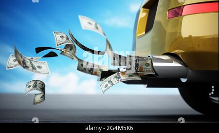 100 dollar bills flowing from the exhaust pipe of a car. 3D illustration. Stock Photo