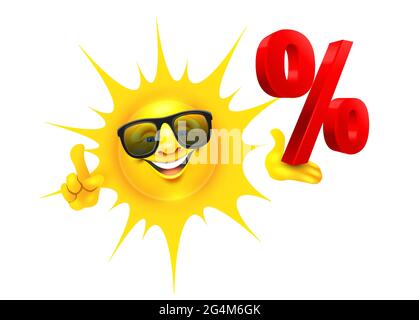 Funny sun character with sun glasses presenting big percentage sign Stock Vector