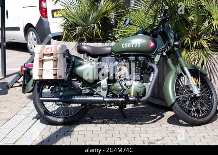 Truro, Cornwall, UK. 22nd June, 2021. A old army style motorbike parked in Truro, Cornwall. The forecast is for 16C with sunny intervals and a moderate breeze. Credit: Keith Larby/Alamy Live News Stock Photo