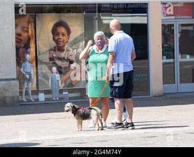 Truro, Cornwall, UK. 22nd June, 2021. People out and about enjoyed the glorious sunshine while shopping in Truro, Cornwall. The forecast is for 16C with sunny intervals and a moderate breeze. Credit: Keith Larby/Alamy Live News Stock Photo