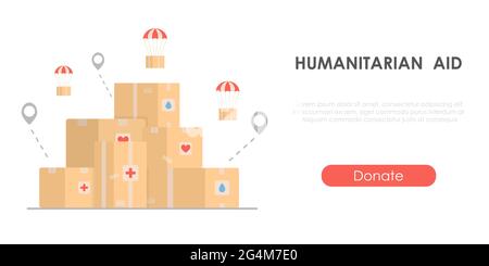 Humanitarian aid - charity concept with cardboard boxes. Banner for collecting help. Isolated flat vector illustration. Stock Vector