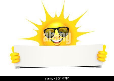 Sun character mascot with sunglasses holding a blank banner Stock Vector