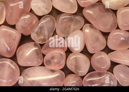 Rose quartz jewel heap on varnished dark wood texture. Pile