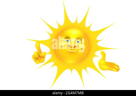 Smiling cheerful cartoon mascot sun promoting Stock Vector