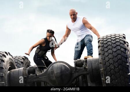 Fast & Furious 9 (2020) directed by Justin Lin and starring Vin Diesel and Amber Sienna, Michelle Rodriguez, John Cena and Jordana Brewster. Dominic Toretto faces an assassin working with Cipher. Stock Photo