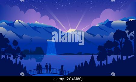 Mountain night landscape, travel adventure vector illustration. Cartoon tourist people stand on bridge, enjoy waterfall, calm water of lake and mountains on horizon, forest tree silhouettes background Stock Vector