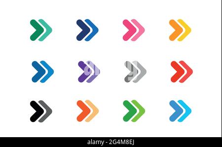 Colourful Arrow icons set. Simple circle shape internet button on grey background. Stock Vector