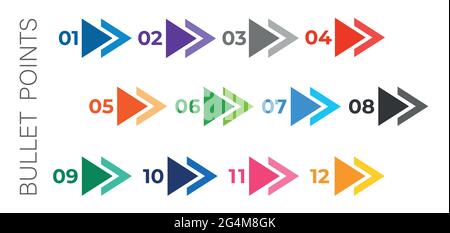 Colourful arrows set isolated on white background. Bullet points numbers from one to twelve. Stock Vector