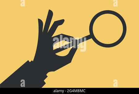 Searching concept with hand holding magnifying glass isolated on yellow. Vector Stock Vector