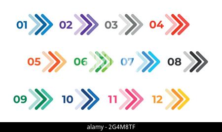 Colourful arrows set on white. Direction number bullet points from one to twelve. Stock Vector