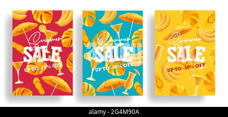 Set of summer sale posters or web banners with mono color modern print pattern of yellow summer vacation attributes Stock Vector
