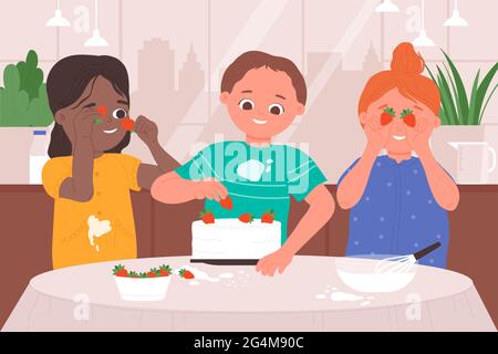 Chef kids cooking fun, sitting at kitchen table vector illustration. Cartoon happy children cook together, boy girl child confectioner character holding strawberries to decorate cake background Stock Vector