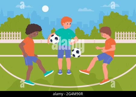 Kids play ball, soccer healthy sport activity vector illustration. Cartoon happy player characters have fun, funny boys children playing football together on sports field in schoolyard background Stock Vector