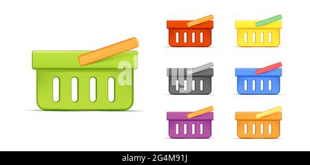 Shopping basket 3d vector icon set, side view simple graphic illustration in different colors Stock Vector