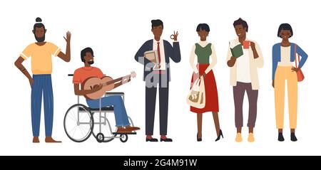 Afro american people set vector illustration. Cartoon woman man characters standing with various poses and gestures, wearing casual clothes, disabled person sitting in wheelchair isolated on white Stock Vector