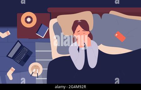 Girl in depression anxiety insomnia problem at night vector illustration. Cartoon unhappy upset young woman character crying, depressed sad lady lying in bed, bedroom interior top view background Stock Vector