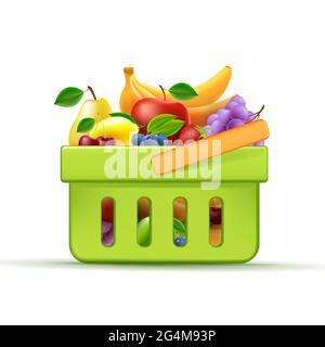 Shopping hand basket full of fresh fruits only, supermarket equipment, 3d green element with bright fruits Stock Vector