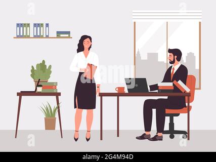 People work in director office of modern company vector illustration. Cartoon corporate boss businessman character sitting at desk with laptop, business lady standing with documents background Stock Vector