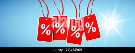 Four red overlapping hanging label tags with percentage symbol and radiant sunlight in the sky. Summer sale or midseason sale. Stock Vector