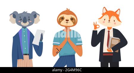 Animal characters anthropomorphic set vector illustration. Cartoon funny koala in office outfit holding paper document, fox businessman in suit, sloth practicing yoga relaxation isolated on white Stock Vector