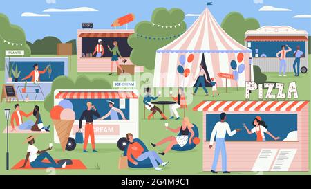 Street market fair, fast food festival in city park vector illustration. Cartoon summer fest, pizza, ice cream kiosk marketplace and circus with crowd of walking friends, family people background Stock Vector