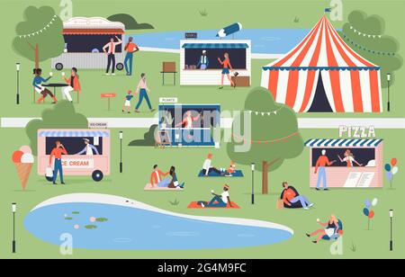 City food festival event in village, city park vector illustration. Cartoon summer map of market with family people have fun and walk, listening to music, buying pizza, ice cream and books background Stock Vector