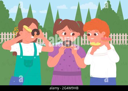 Children eat donuts in summer green park, garden or backyard vector illustration. Cartoon happy friend characters eating sweet food and standing together, boy girl kids have fun, playing background Stock Vector