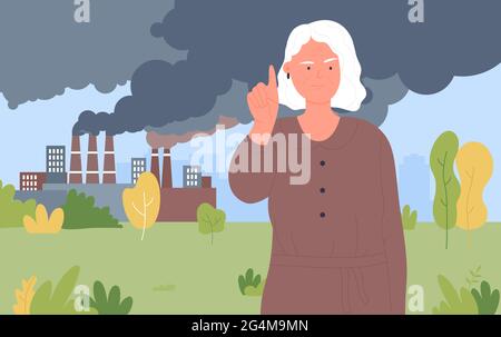Stop dust smog air pollution, protect nature vector illustration. Cartoon elderly woman character focuses on problem of environmental pollution, standing next to smoking factory chimneys background Stock Vector