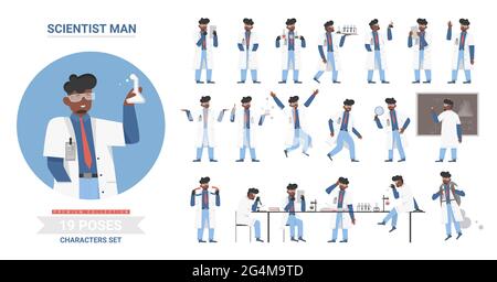 African american black scientist man poses vector illustration set. Cartoon male character working in scientific research laboratory, holding lab flask tube, model of atom, science work posture Stock Vector