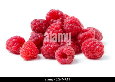 Bunch of ripe red raspberries isolated on white background Stock Photo