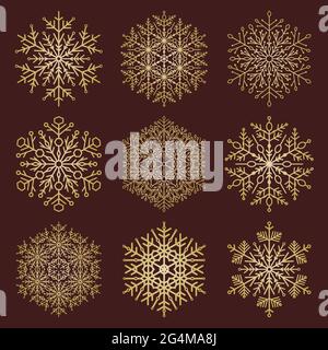 Set of vector snowflakes. Golden winter ornaments. Snowflakes collection. Snowflakes for backgrounds and designs Stock Vector