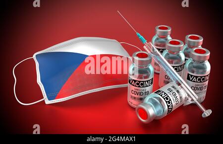 Covid-19, SARS-CoV-2, coronavirus vaccination programme in Czech Republic - face mask, vials, syringe - 3D illustration Stock Photo