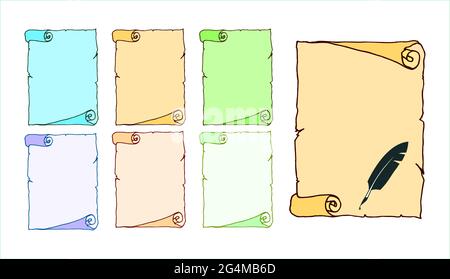 Old paper scroll in multicolor, set of seven with quill as graphics elements Stock Vector