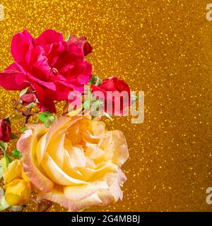 Close-up of some gorgeous natural yellow and red roses on a textured gold-colored background.The photography has copy space to make a design to our li Stock Photo