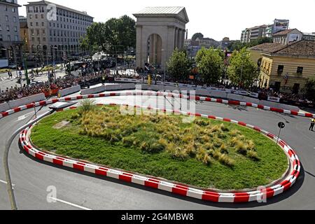 Top panoramic view of the city circuit along the Darsena district, in Milan. Stock Photo